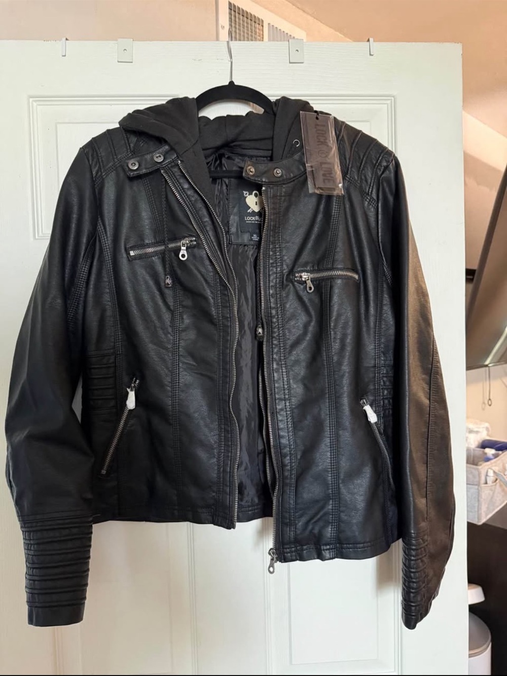 womens Black Faux Leather Hooded Jacket